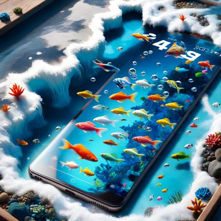 concept art (Digital Artwork:1.3) of (Ultrarealistic:1.3) <lora:DalE-3-FFusion-LoRA-ViT-FA:1> "4K Photorealistic Image of a Cellphone, but Instead of a Screen, Its Display Is a Liquid Aquarium. Colorful Fish Swim Within, and Touching the Screen __Ffusion23_1.jpg","a smartphone with fish swimming in the water, beautifully detailed render, overflowing, gm screen, foam, high res photo, detailed product image, complex!!, lavs flowing through the land, (good looking), on ground, cutie, (extremely detailed, istock, beeple!!, water drops, elegant!, [ colourful, realistic!!!, lou, twice, d render",CGSociety,ArtStation . digital artwork, illustrative, painterly, matte painting, highly detailed