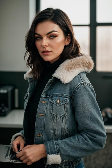 photo of (EPS3r1d4Sw4n:0.99), closeup portrait, perfect hair, (modern photo, Faux shearling-lined denim jacket with a shearling collar and distressed details), 24mm, (analog, cinematic, film grain:1.3), (([basement, laptop/computer,charging station,microwave, soapstone stone,cork flooring, bio-luminescent mushrooms, pin spot lighting| palace], gradient:1.1)), ((detailed eyes)), ((eyeliner, long lashes)), (epicPhoto), long eyelashes, (perfect waist), (painted lips)