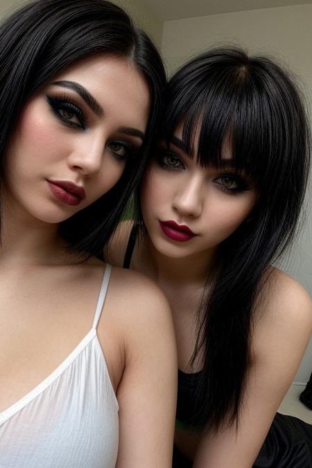 low quality, amateur_photo, 2girls, two tone hair, lip gloss, glassess, black camisole, white camisole, looking at viewer, black hair, realistic, green eyes, blue eyes, smile, parted lips, makeup, eyeliner,emo goth,