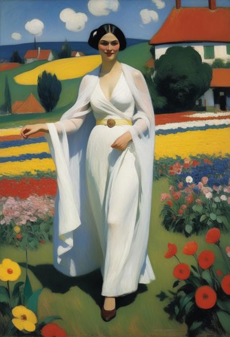 (painting style by James Ensor and Franz Marc and Ernst Ludwig Kirchner and August Macke:1.6),
a naked during woman in a white flowing cape, celebrating midsummer , in front of large flowered maypole, fiddlers , sweat running down over her face, gorgeous, beautiful, sensual, dancing men and women, 
high contrast shadowing, detailed, detailed texture, a masterpiece, dress of clouds