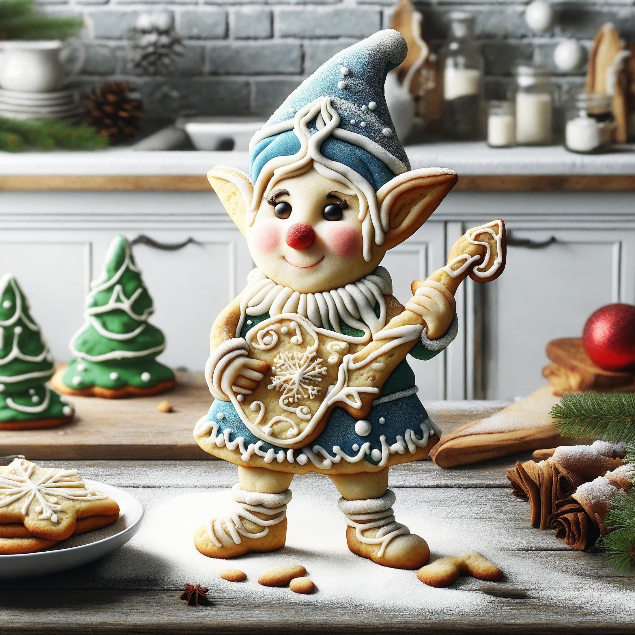 A Christmas elf playing a guitar made of cookies.