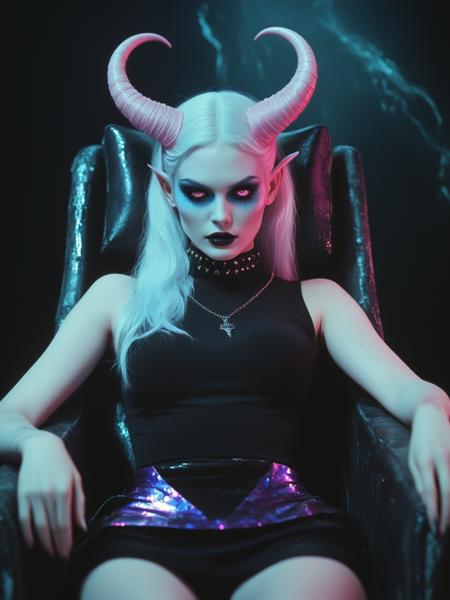 Analog-style photograph capturing a fantastical, otherworldly entity that blends elements of fantasy and horror. The character is an enigmatic, genderless demon with pale blue skin, strikingly wide hips, a slender waist, and flowing white hair cascading elegantly over their shoulders. Their glowing neon pink eyes create an intense and otherworldly gaze. They possess prominent, pointed ears and a pair of gracefully curved horns in shades of blue and pink, intricately adorned with glowing, decorative patterns in hues of blue, purple, and pink. Reclining luxuriously in a spacious armchair, the figure exudes a surreal and ethereal allure. A black choker graces their neck, and they wear a sleek, sleeveless black top crafted from a shiny, metallic material. The solid black backdrop provides a stark contrast, amplifying the vibrancy of the character’s colors and ensuring their presence is visually arresting. The composition feels alive, with their expression, the flowing, ethereal quality of their hair, and the glowing effects further enhancing their mystique. Subtle abstract digital elements are interwoven seamlessly. The atmosphere of the scene is dark and moody, with the background layered in glitch art, fragmented text, and metallic textures, using shades of black, gray, and faint green accents. Smudged paint and scratch-like details add a sense of decay and digital interference, heightening the technological undertones.
Dim, atmospheric lighting casts a dramatic and eerie glow, highlighting the character’s smooth skin and luminous hair. The soft, polished texture of their skin contrasts against the slightly coarse surface of their top. The dark backdrop emphasizes intricate details and creates a striking visual impact. Inspired by cinematic stills from 1970s horror films, the overall look is high-resolution and richly detailed.