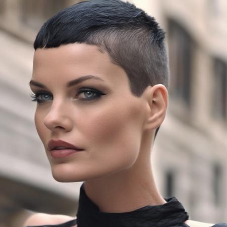 embedding:annev  annev a woman with a crew cut hairstyle with black fade hair and bangs!!!!!!,