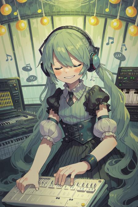 vocaloid, (hatsune miku, aqua hair, very long hair, twintails, aqua nails, aqua necktie:1.2),

(grant wood, american gothic:1.2),
1girl, solo, (portrait), smile, closed mouth, (closed eyes), lips, (spoken musical note),
(final fantasy tactics:1.2),

(recording studio interior:1.2), headphones, (lanyard), technology, frutiger aero, (korg, korg triton, daw, korg m1, yamaha dx7, synthesizer, digital audio, wave format audio, riff, graphic equalizer, piano roll, dtm, top 10 free vst plugins download now:1.2), loaded interior, (indoors:1.1), gramophone,
cymbals, drum kit, microphone stand, music stand, classical music, interior of an amphitheatre, (speaker system, subwoofer),
(mainframe computer, computer rack, synthesizer rack, computer shelf, modular synthesizer, moog, buchla, serge),

black clothes, babydoll, lingerie, lace trim, lace, buttons, collared dress, (whalebone corset), victorian era clothing, contemporary clothing, gothic, (negative space:1.15), garter belt, garter straps, belt buckle, belt,

(hair ribbon, white ribbon:1.2), (lamp, overhead light, light bulb, ornament),

(blush stickers, blush),

(cozy:1.2),

(arabian ink, paper marbling:1.1),

(surreal, abstract, vincent van gogh:1.2), (complimentary colors),

(by Jeremy Lipking:0.8), (by Antonio J Manzanedo:0.7), (by Paul Lehr:1.1)