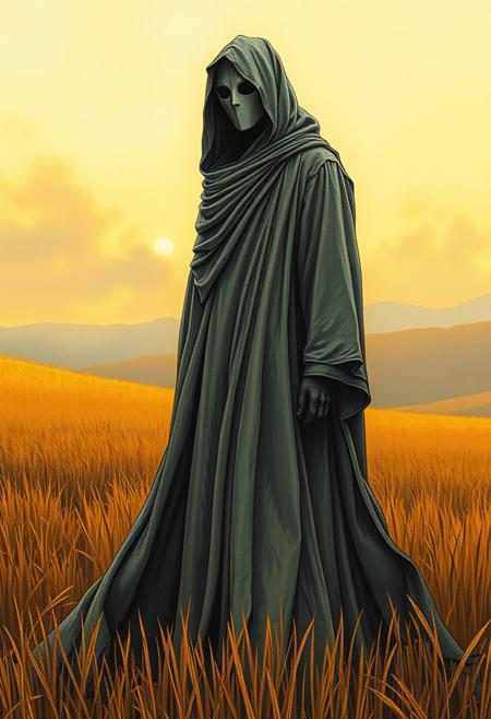 A mysterious masked figure in flowing robes standing in a golden field at dusk, their form softly blending with the misty hills, merging surreal presence with Carrington’s nostalgic landscape tones.
surreal nightmarish realism, intricate ink cross-hatching with hyper-detailed painting, cinematic dramatic lighting, eerie ghostly landscapes, psychologically intense figures, twisted dreamlike horror, deep chiaroscuro shadows, dark atmospheric storytelling