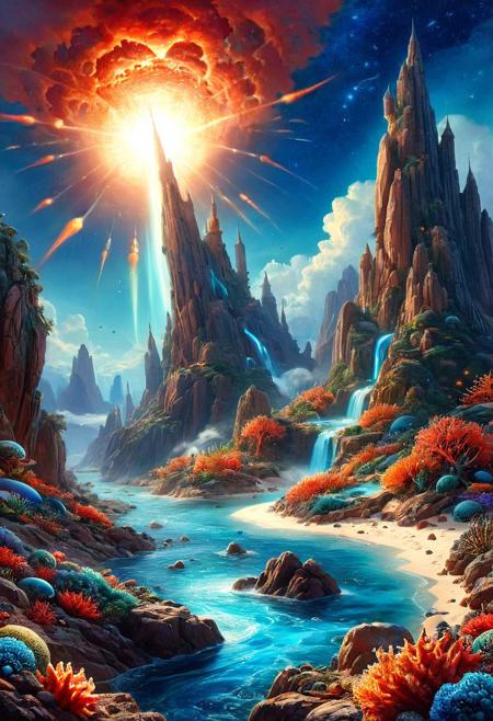 ethereal fantasy concept art of  breathtaking  a wanderer between worlds in flowing clothes, (epic landscape:1.5),  (style Ido  drawing), (style Ido  painting),best quality, masterpiece, extremely detailed,  professional  art,  professional painting, an extremely delicate and beautiful, dynamic,  great lighting, perfect shading, professional shading, depth of field,   side soft light, elegant, gorgeous, highly detailed,   full shot, uncropped,   pure genious, absolutely perfect,  highly detailed, breathtaking,
image style is octane render with detailed John Berkey  incluence ,, landscape  a cosmic canvas where stars weave tales of eternity, Towering Granite Spires and Cliffs,            many small clouds, and one big cloud, and clear sky,,   in the sky is blackhole and coronal flares and asteroid belts ,  ,a vibrant coral reef, with schools of fish darting between the brightly colored coral structures.,
<lora:psychedelic_trip:0.7> psychedelic trip,
<lora:EldritchRomanceIllustration1.3.1:0.5>,
<lora:- SDXL - vanta-black_contrast_V3.0:0.2>,
<lora:add-detail-xl:1>,
<lora:detailed_notrigger:1>,, masterpiece, award-winning, professional, highly detailed, magnificent, celestial, ethereal, painterly, epic, majestic, magical, fantasy art, cover art, dreamy, Pencil_morph_style