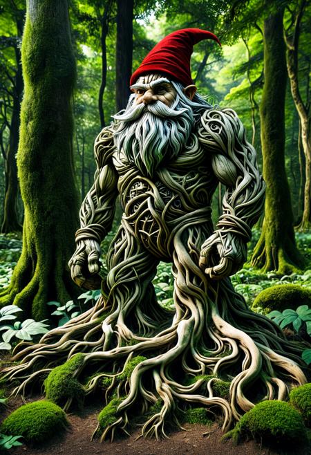 score_9,score_8_up,score_7_up, PG-TR, The image depicts a towering, muscular golem, seemingly composed of twisting roots, vines, and moss, standing majestically amidst a lush, verdant forest. Its form is robust and imposing, with broad shoulders and powerful limbs, intricately detailed with organic textures. In the lower right corner of the frame, a small gnome, similar in appearance to the one in the sunflower field image, would be positioned. This gnome, with its distinctive pointed red hat and long white beard, would be looking upwards, seemingly in awe or contemplation, towards the colossal golem. The contrast in size between the diminutive gnome and the enormous golem would be striking, emphasizing the grandeur of the forest guardian. The surrounding environment would be bathed in natural light, filtering through the dense canopy, creating a mystical and fantastical atmosphere.<lora:Treeroots_0_90_multi2_Handprocessed_V2:1>