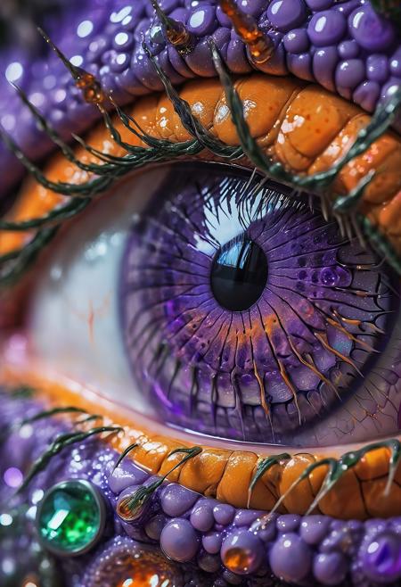 the eye of the dragon, purple and lavender scales, lavender and green eyes, orange dragon tears drip from the eye, and glitter, extreme closeup, macro photography, cyberpunk