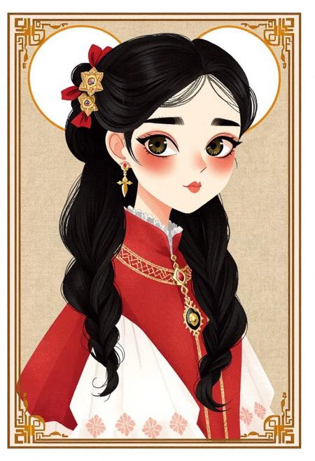 ChildBook,

Woman in Red and White An illustrated portrait of a woman with striking eyes and black hair, wearing a red and white historical dress, adorned with elegant jewelry