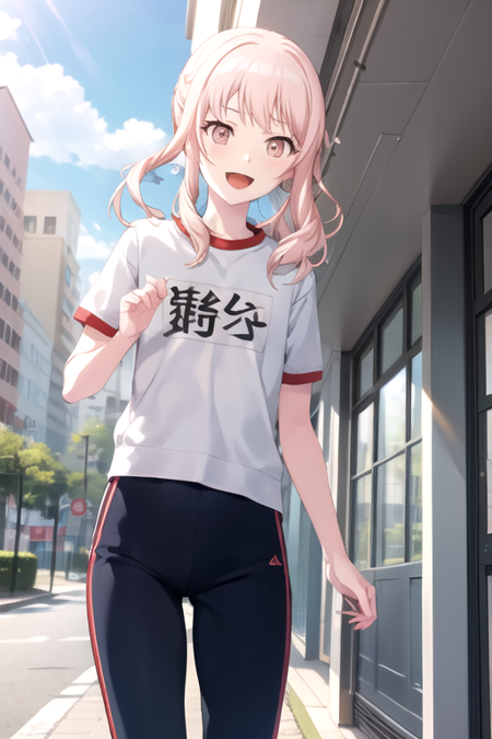 <lora:AkiyamaMizuki-05:0.745> ,mizuki, smile, short hair, open mouth, shirt, ribbon, holding, standing, hair ribbon, white shirt, pink hair, short sleeves, :d, sidelocks, outdoors, sky, shorts, day, pants, cloud, pink eyes,  looking at another, side ponytail, blue sky, headband, chair, black pants, sunlight, cloudy sky, blue ribbon, ^^^, building, 1other, lens flare, gym uniform, light rays, flag, +++, track pants