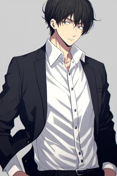 anime,1boy,black hair, male focus, blue eyes, shirt, collared shirt, formal, upper body, solo,best quality, masterpiece, <lora:shima920-000010:1>