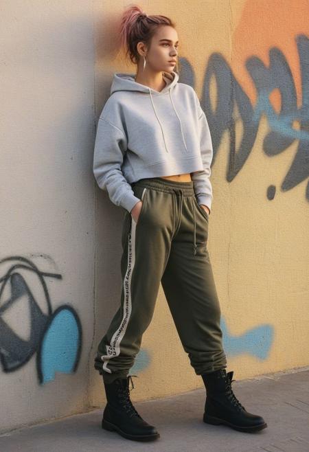 fashion photography, side view,  portrait, upper body, close up, golden hour lighting,
pale 20yo woman leaning on wall, looking into the distance, standing, one one leg drawn, wearing loose pants and loose cropped hoodie, wearing boots, layered muted colorful hair, midriff, graffiti,TWbabeXL01