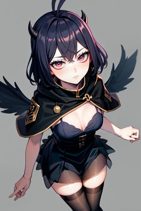 secre swallowtail, 1girl, wings, solo, thighhighs, medium breasts, black wings, black capelet, capelet, cleavage, dress, black thighhighs, see-through, black dress, skirt, demon horns, closed mouth, antenna hair, white pupils, bright pupils, feathered wings, black skirt<lora:AOMv2_hard_accent:0.5>,<lora:Nero:1>,