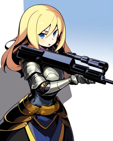 <lora:EtrianV2.1:0.8>
1girl, blonde hair, blue eyes, armored dress, holding gun