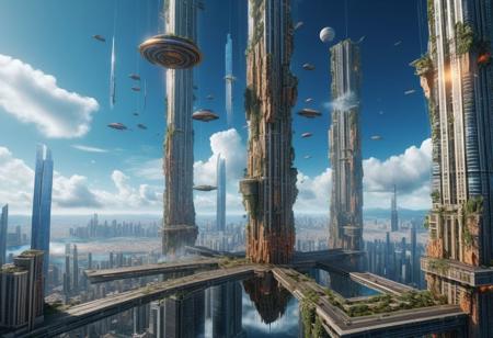 masterpiece, 8k, vivid color, high quality, ultra detail, ultra realistic, exquisite detail, a large floating city suspended in the air by a large pillar in its center, km high, hundreds of skyscrapers, suspended in space, crashed sky, cinematographic lighting, volumetric lighting, hdr, ssao,