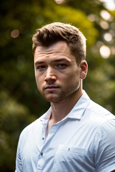 closeup face photo of caucasian man in white shirt, morning outdoors bokeh, <lora:Taronegerton:0.9>, taronegerton, look looking at viewer, (masterpiece,best quality:1.5)