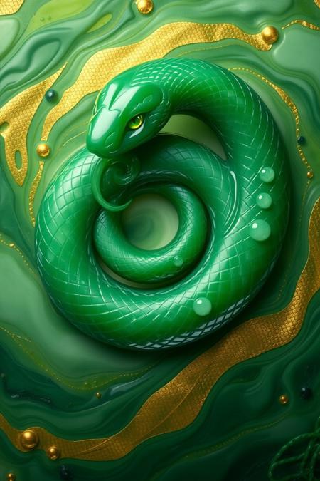 jade_snake. A surreal and abstract image of a jade snake coiling infinitely into itself, forming a mesmerizing spiral. Its body is a blend of polished jade and liquid emerald, shifting fluidly between solid and translucent states. The background is an abstract swirl of green and gold, resembling a dreamscape or a portal to another dimension. The snake’s eyes are glowing orbs of light, and faint tendrils of energy radiate from its body, giving it an aura of pure mystery and power
