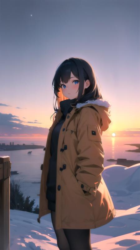 ((ultra detailed,ultra high res,detailed background)),1girl, looking at viewer, night sky, bay, sunset, coat, snow, fog,