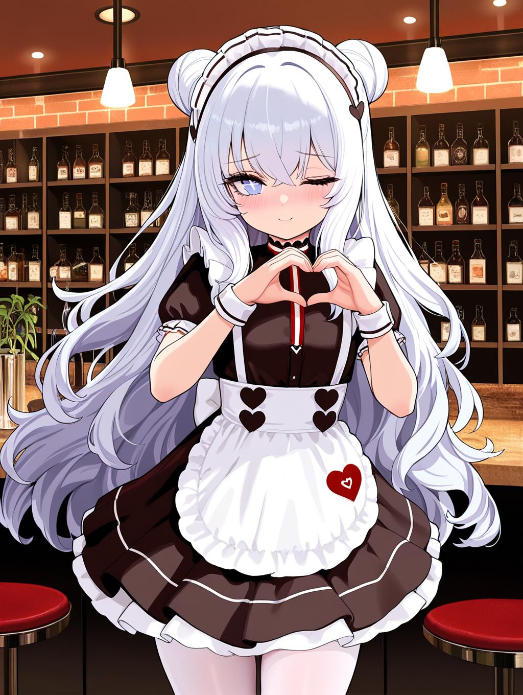 kincora, 1girl,solo,le malin \(azur lane\),azur lane,,petite, Maid outfit,Sleeveless, maid headband, frilly apron,Short sleeves, short skirt, thighs, inside the cafe, ((Make a heart symbol with both hands, heart with both hands,heart hands,heart symbol,heart,heart effect,)), blush,shy,smile,((wink,closed one eye)),
masterpiece,best quality,amazing quality,very aesthetic,absurdres,newest,