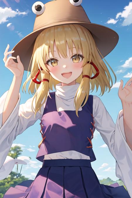 best quality, masterpiece, highres, solo, {moriya_suwako_touhou:1.15}, blonde_hair, hat, ribbon, hair_ribbon, vest, smile, yellow_eyes, bangs, red_ribbon, brown_headwear, purple_vest, sidelocks, short_hair, 1girl, :d, blush, long_sleeves, open_mouth, outdoors, shirt, white_shirt, wide_sleeves, animal_print, blue_sky, cloud, day, looking_at_viewer, medium_hair, purple_skirt, skirt, sky, turtleneck, upper_body, frog_print, water_drop