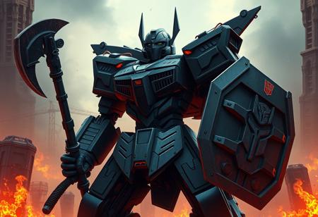Create a fine, detailed image of a dark grey Decepticon mecha robot with a battleaxe and shield, set against a background inspired by a burial from a different dimension. Incorporate elements of a portcullis, tempest, and aliased retrofuture synthwave aesthetic. The image should have a transparent, fiery battle coloring with dark shadows, corrected faces, and a high level of realism. The style should resemble concept art by Noah Bradley, Darek Zabrocki, Tyler Edlin, Jordan Grimmer, Neil Blevins, James Paick, or Natasha Tan. Ensure the output is highly detailed, ultra-detailed, and ultra-realistic, akin to trending art on Artstation.