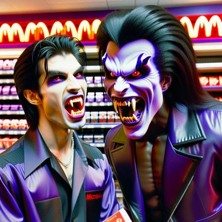 Vampyfangs1. a film still photo. 35mm. 4k. From a 2003 movie. A purple vampire Grimace is showing off his fangs, he is talking to a cashier, at a McDonalds.
