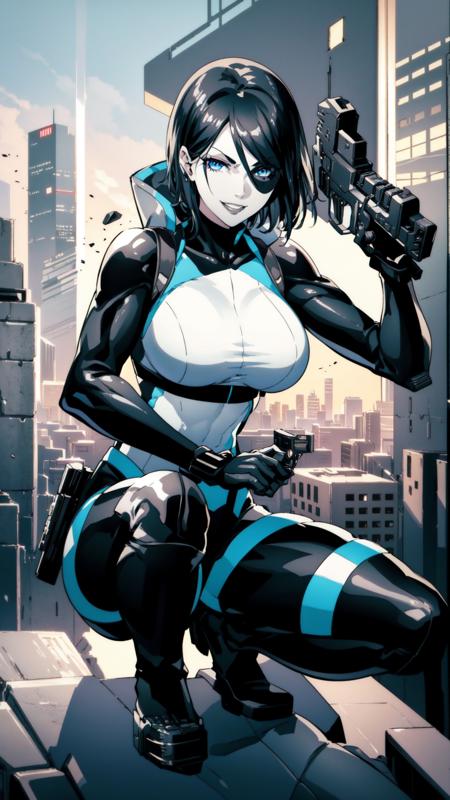 dono a woman, black and white skintight costume, gray skin, black spot on left eye, short black hair, one white strand of hair, blue eyes, black boots, a woman, black skintight costume, gray skin, black spot on left eye, short black hair, blue eyes, belt,