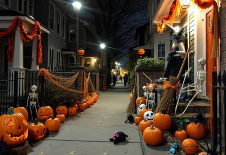 On a Halloween night, the street is full of Halloween elements. There are pumpkins everywhere, some carved into grotesque faces with sharp teeth and triangular eyes. Skeletons made of plastic are placed at the entrances of some houses. Witch broomsticks lean against the walls. Orange and black streamers flutter in the breeze. Haunted - looking dolls are scattered on the steps. There are also fake spiders and their webs clinging to the fences.