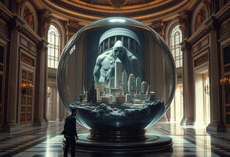 The image depicts a city trapped within a glass sphere, a delicate yet impenetrable prison that isolates it from the outside world. This sphere rests on a table in a grand hall.
A person approaches, astonished, and realizes that it’s not just a miniature city but a living one. The tiny inhabitants, aware of their observer, look up with awe and terror as they see the giant face peering down at them. To them, it’s as if an omnipotent being fills their sky, creating a blend of fascination and fear.
The hall remains eerily silent, heightening the drama of the scene. The encounter between the observer and the observed is filled with wonder and subtle horror, where both sides feel a strange mix of power and vulnerability, in a moment that is deeply unsettling and captivating.