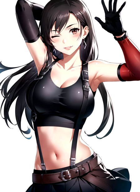 bunbun <lora:bunbun_offset:1>,  tifa lockhart, 1girl, thick lips, arm up, armpits, artist name, belt, black hair, breasts, brown eyes, cleavage, closed mouth, collarbone, cowboy shot, crop top, earrings, elbow gloves, elbow pads, gloves, jewelry, large breasts, lips, long hair, low-tied long hair, midriff, navel, one eye closed, outdoors, skirt, smile, solo, stomach, suspenders, tank top, upper body, ((masterpiece)) 