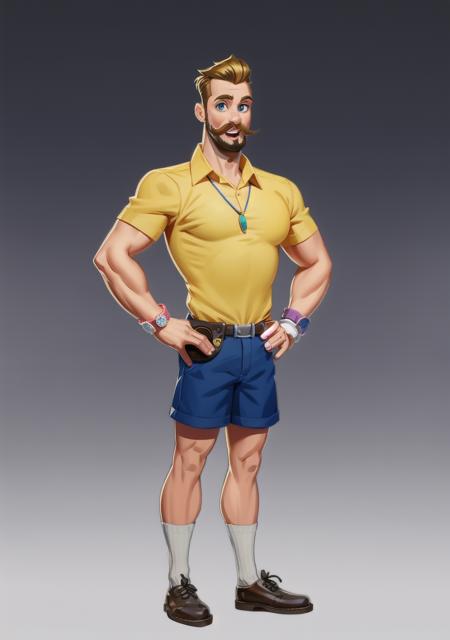 European and American cartoons, exaggerated shapes, original designs, 1boy, solo, male focus, blonde hair, shirt, shorts, watch, facial hair, brown footwear, jewelry, socks, wristwatch, gradient background, yellow shirt, standing, full body, gradient, belt, blue eyes, holding, black socks, bracelet, hand on hip, collared shirt, grey background, necklace, open mouth, bottle, teeth, mustache, short sleeves, beard <lora:ouka:1>