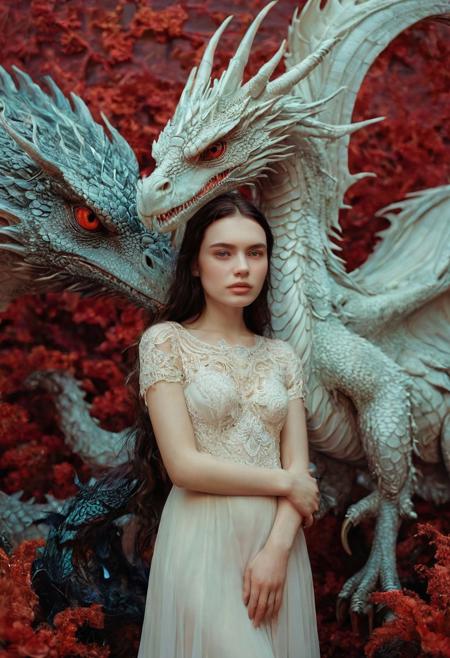 An ethereal young woman with pale skin and long, dark hair, wearing a delicate white dress, is in a close, tender embrace with a majestic white dragon. races mingling, and towering masted ships.  A bold color palette of rich reds, natalie shau, james jean Front profile full body photography, aaron horkey, in the background, a painting of "Three Studies of Ernest hemingway and a fly", environment map, abstract raven portrait, intricate stunning highly detailed, abstract,  fantastical, film photography style, light grain, ,Heather Theurer