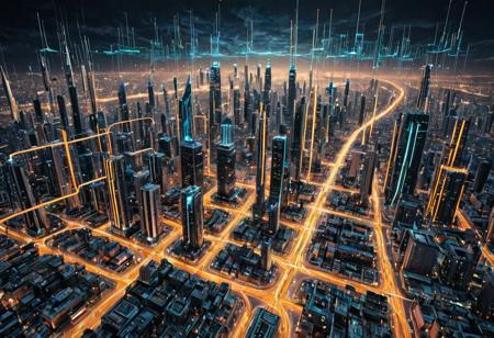 A sprawling cityscape built entirely from chip elements — skyscrapers made of vertical resistors, streets glowing like bus lines, and glowing vias linking neighborhoods. Hovering drones resemble flying ICs, while traffic flows in rhythmic pulses of LED color. The sky flickers with data clouds. Ultra-wide futuristic view, architectural precision, complexity inspired by electronics layout.