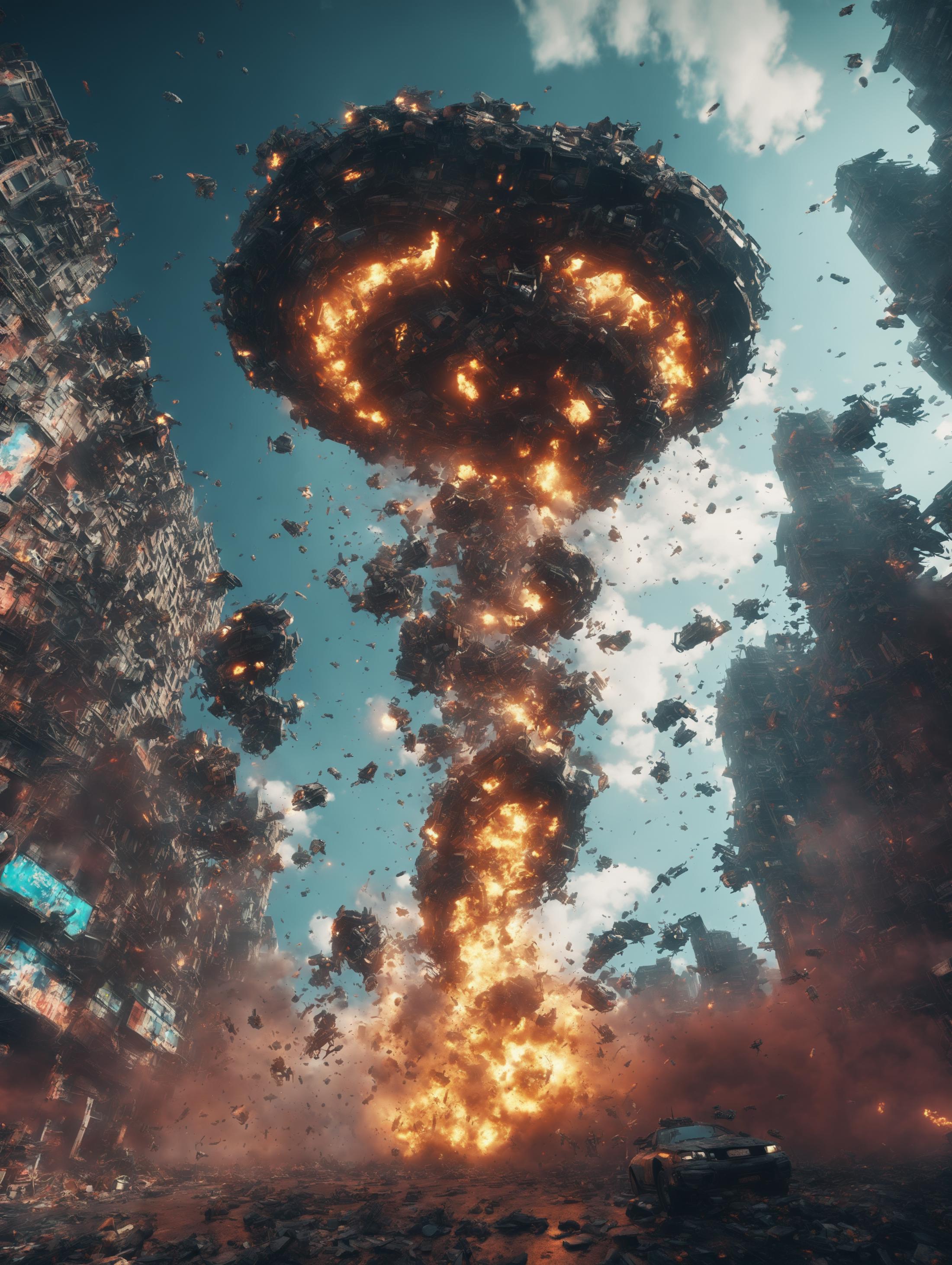 A computer-generated scene of an explosion with buildings in the background.