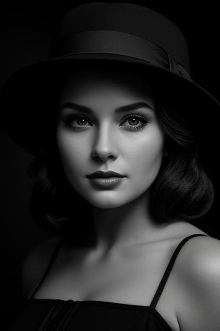 (beautiful woman),[film noir], [full-body shot], [black and white photo], [vintage], [fedora hat],[chiaroscuro lighting], [thriller], (beautiful perfect face),[detailed],[perfect human anatomy],[professional photography],[posing],[cinematic],[40s],[very old elegant clothes]