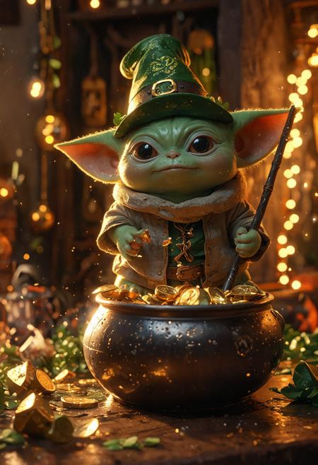 an adorable scene featuring Grogu from Star Wars dressed as a leprechaun, surrounded by an array of St. Patrick's Day decorations. Grogu stands beside a whimsical cauldron filled to the brim with shimmering gold coins, his eyes wide with wonder and mischief. His green leprechaun hat sits jauntily atop his head, adding to his charming appearance. The scene is bathed in soft, golden light, evoking a sense of magic and enchantment. Capture the irresistible cuteness of Grogu's St. Patrick's Day celebration, 8k, <lora:Grogu:1>, <lora:glowneon_xl_v1:0.8> glowneon