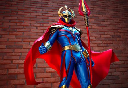 Elemental HERO Electrum superhero, vibrant blue/red suit, flowing red cape, gold emblem helmet, holding red staff, stands before a textured brick wall. Dynamic pose, creative low angle perspective, dramatic volumetric lighting, cinematic atmosphere. High-res 4K, Octane Render, Unreal Engine 5, beautiful matte painting, splash ink illustration. Lifelike details, sharp lines, stunning harmonious multi-colors, impeccable composition, golden ratio. CGSociety, trending on ArtstationHQ.
