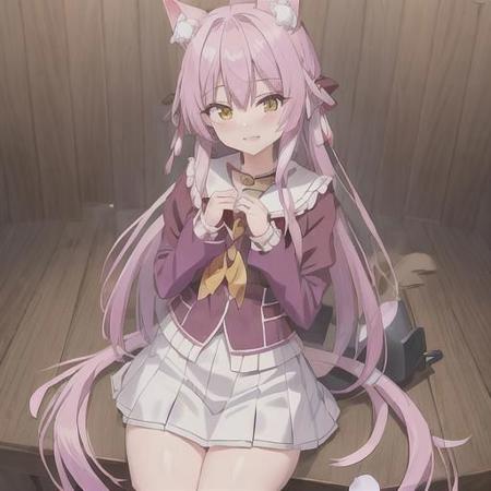 1girl, murenase, kurumi, nekomai, kurumi nekomai, seton purple hair, animal ears, cat ears, fluffy cat tail, tail, multi color hair, green eyes, serafuku, purple jacket, white shirt, separate sleeves, thigh-length hair, skirt (white), looking at viewer, very long hair, smile, in front of a burning academy, sitting(cowboy photo: 1.5), (masterpiece: 1.2), best quality, high resolution (artwork: 0.8 ), (beautiful detailed eyes: 1.6), perfect lighting, extremely detailed CGI (perfect hands, perfect anatomy)