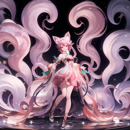 8K, ultra high resolution, ultra high quality, masterpiece,Illustration, Master,Random background,
jiuwei, solo, dress, tentacles, pink hair, full body, bare shoulders, detached sleeves, hair ornament, short hair, smile, animal ears，