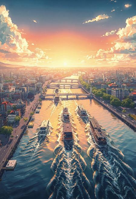 anime-style bird's-eye view of a vibrant city with a wide river running through it, detailed urban buildings and roads, multiple ships sailing through the river leaving dynamic water trails and ripples, cinematic water reflections, warm afternoon light casting soft shadows, realistic wave motion, lush green trees along the riverbanks, soft watercolor shading, highly detailed architecture, dramatic sky with light clouds, inspired by Makoto Shinkai and Studio Ghibli, ultra-sharp cel shading, vibrant yet natural colors, 4K resolution, vertical 9:16 composition, crisp linework, no characters