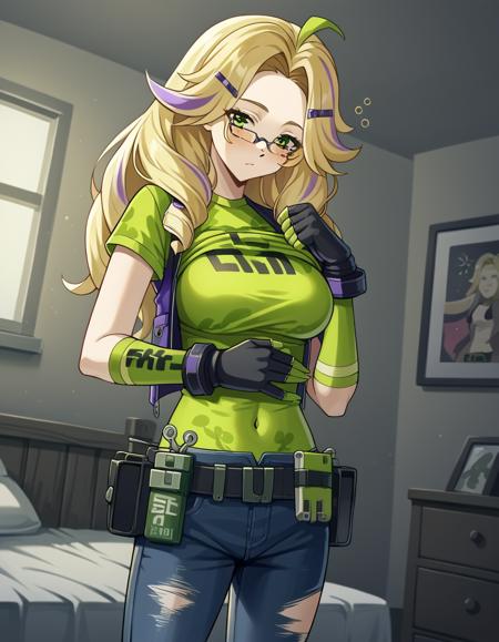 <lora:zzz-asha-ingame-ponyxl-lora-nochekaiser:1>, asha, long hair, blonde hair, hair ornament, green eyes, ahoge, multicolored hair, glasses, hairclip, streaked hair, large breasts, shirt, gloves, black gloves, belt, pants, fingerless gloves, torn clothes, denim, jeans, green shirt, torn pants,