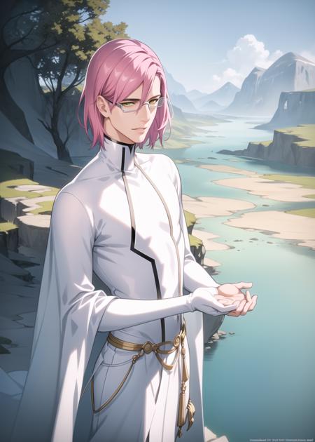 artstation, best quality, masterpiece, ultra detailed illustration, <lora:Szayelaporro1:0.5>, 1man, young, slim, ((clean shaven)), Szayelaporro, pink hair, yellow eyes, thin lips, handsome attractive adult man, tall, slim, glasses, solo, white turtleneck, white hakama, handsome, (perfect composition:1.4), deviantart hd, artstation hd, concept art, detailed face and body, detailed hands, 12k ultrarealistic, higtly detailed backgroud, nature, mountains, river, trees, leaf, 8k