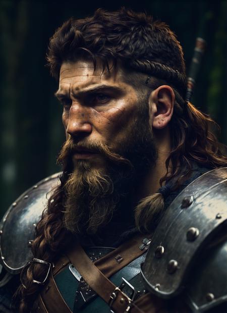 A stunning intricate full color portrait of (35 years old sks person:1) as (viking warrior), (barbarian),  epic character composition, by ilya kuvshinov, alessio albi, nina masic, sharp focus, natural lighting, subsurface scattering, f2, 35mm, film grain, <lora:locon_jon_v1_from_v1_64_32:1.3>