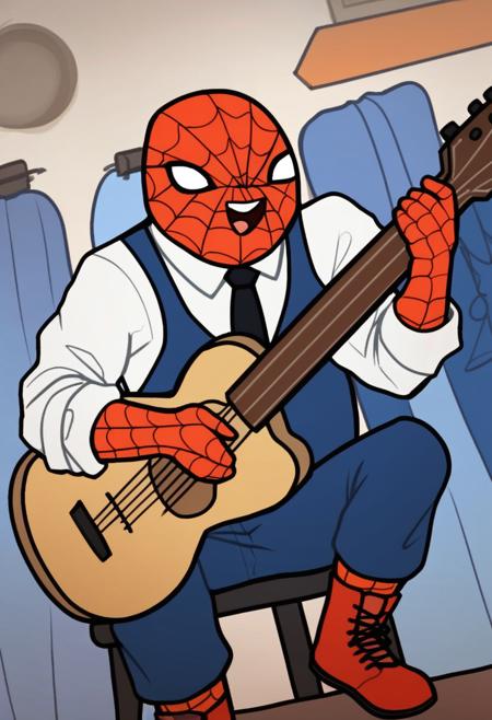 spider-meme, spider-man, mask, spider web print, red bodysuit, blue bodysuit, multicolored clothes, spideysuit, spider web print, meme, cartoon style, parody, big head, (extended head),white eyes,  white eyes without a pupil, red mask, blue pants, red shoes, red gloves, one-piece suit, one-piece  cosbenezon, holding a guitar, guitar, playing a guitar,  (open mouth),