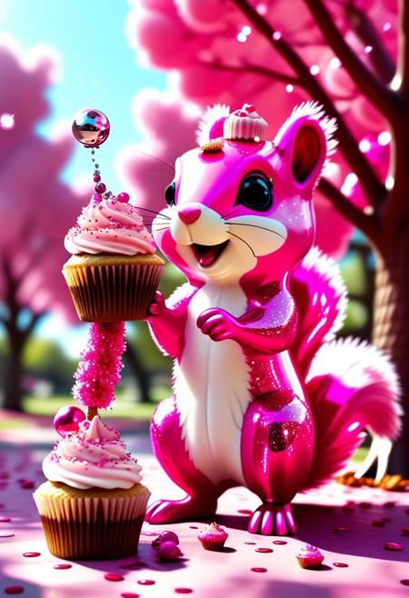hyperactive squirrel made of pink l1qu1dp34rl with chrome tail, launching cupcakes from a tree bazooka, surreal sugar chaos, cartoon sparkle energy