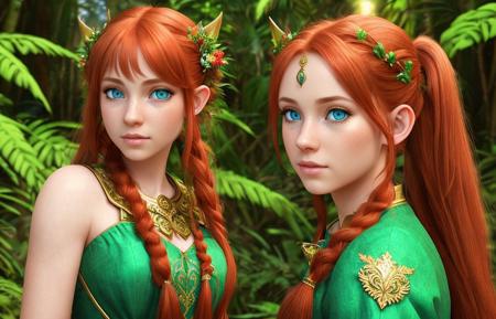 highly detailed background, (photo realistic:1.3), 1girl, (solo:1.3), realistic light, detailed eyes,blue eyes, detailed face, long red hair gathered in two ponytails, an ornate sea-green dress, gold accessories,  magical jungle  elven forest background, ultra detailed cute girl