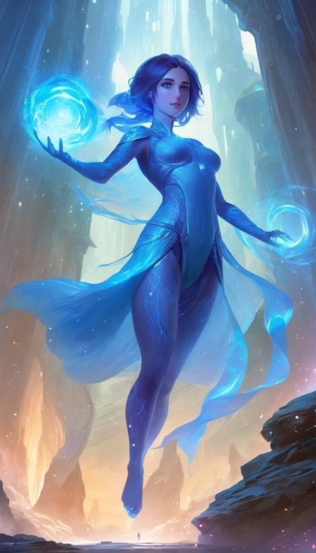 ethereal fantasy concept art of Cinematic scene, hero view, Cortana, action pose, detailed background, masterpiece, best quality, high quality, highres, absurdres <lora:cortana_xl_v1:1> . magnificent, celestial, ethereal, painterly, epic, majestic, magical, fantasy art, cover art, dreamy