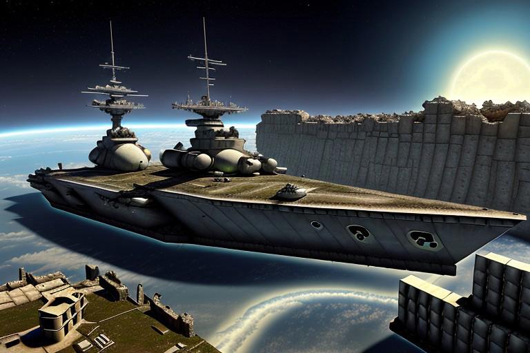 a space pirate battleship among the ruins of an advanced, futuristic city