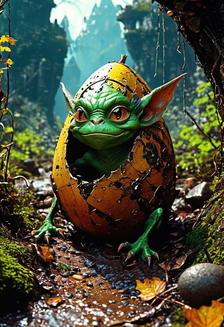 In the heart of a bustling goblin camp, the Goblin Egg emerges as a spectacle of hilarity and ingenuity. The greasy goblin inside the egg maneuvers with surprising agility, navigating through the throngs of its kin. The cracked shell of the egg is smeared with dirt and grime, testament to its many journeys, yet the goblin's enthusiasm for its unique mode of travel remains undiminished., 
in the style of the decaying empire of Wrstreich, dark magic and grotesque creatures abound, inspired by Sean Aaberg's punk aesthetic, dark fantasy world combines grim landscapes with vibrant, exaggerated colorful art, heroes skirmish monstrous foes in a setting where rebellion, decay, and mysticism intertwine, crafting a unique, immersive vibe
, in the style of an old 80's VHS dark fantasy, VHS screen grab, grainy, old footage