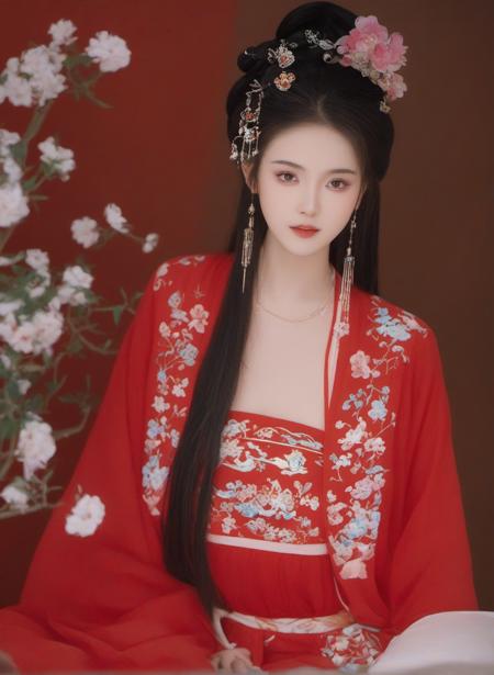 a girl in traditional dress while with a flowered design on it,1girl, solo, long hair, black hair, hair ornament, long sleeves, holding, jewelry, upper body, earrings, hair bun, Chinese clothes, red dress, realistic， looking at viewer, in the bedroom